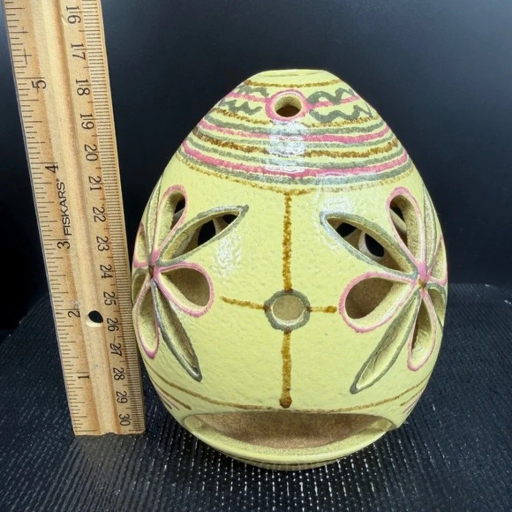 Hand Painted‎ Ceramic Candle Holder Floral Cutout Pottery Luminary Yellow Decor